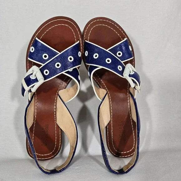 MICHAEL KORS Nautical Blue LEATHER Straps White Trim Slingback Heel Sandals 8.5M - Picture 10 of 16